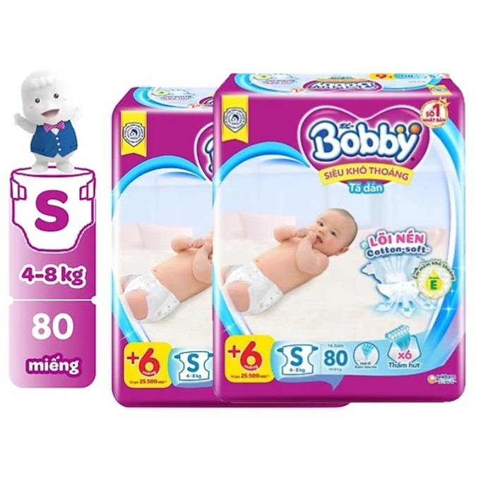 Combo 2 gói tã dán bobby size s80+6m/m76 / l68 / xl62 / xxl56 lõi nén cotton soft