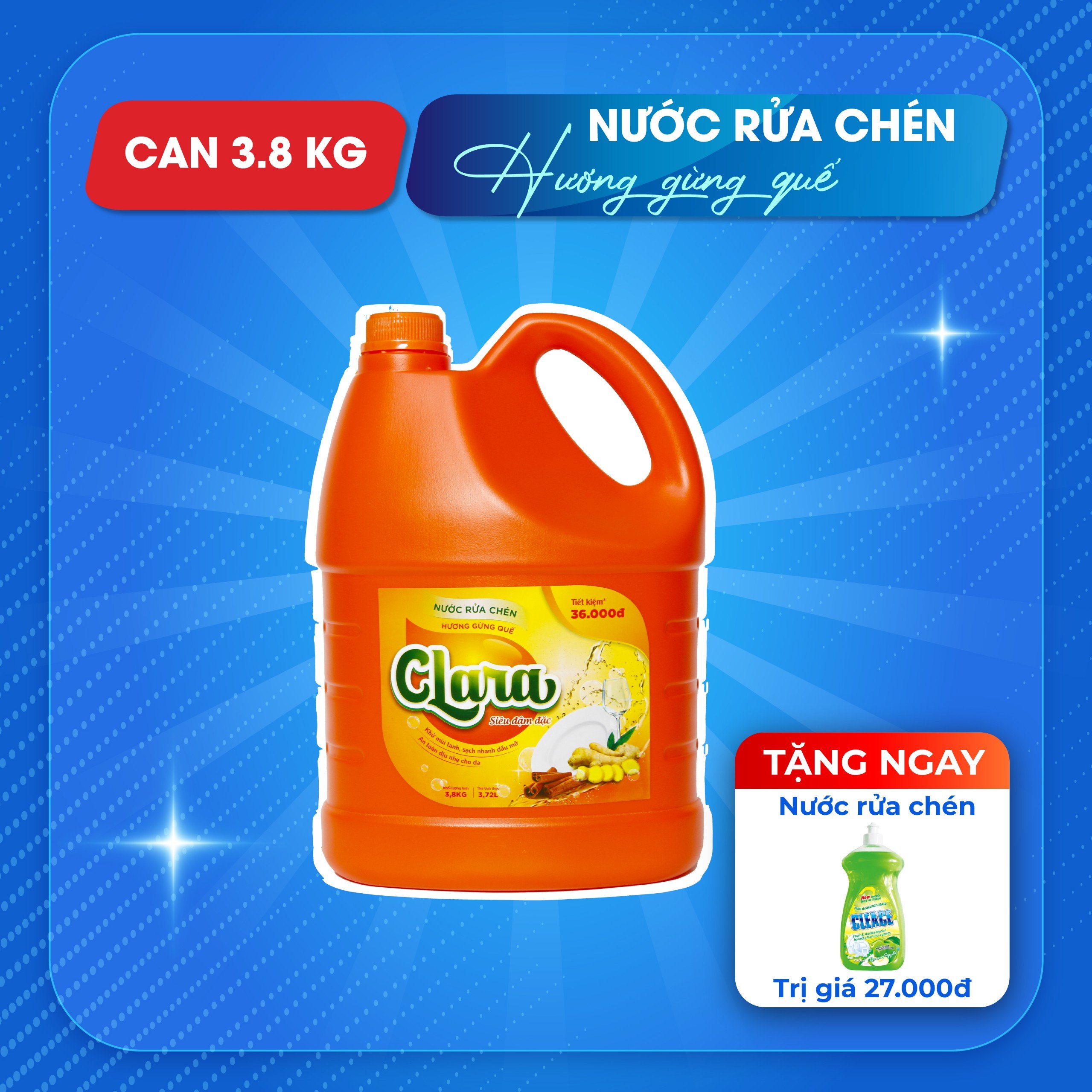 Nước rửa chén bát Clara hương gừng quế Clara chai 3,8kg
