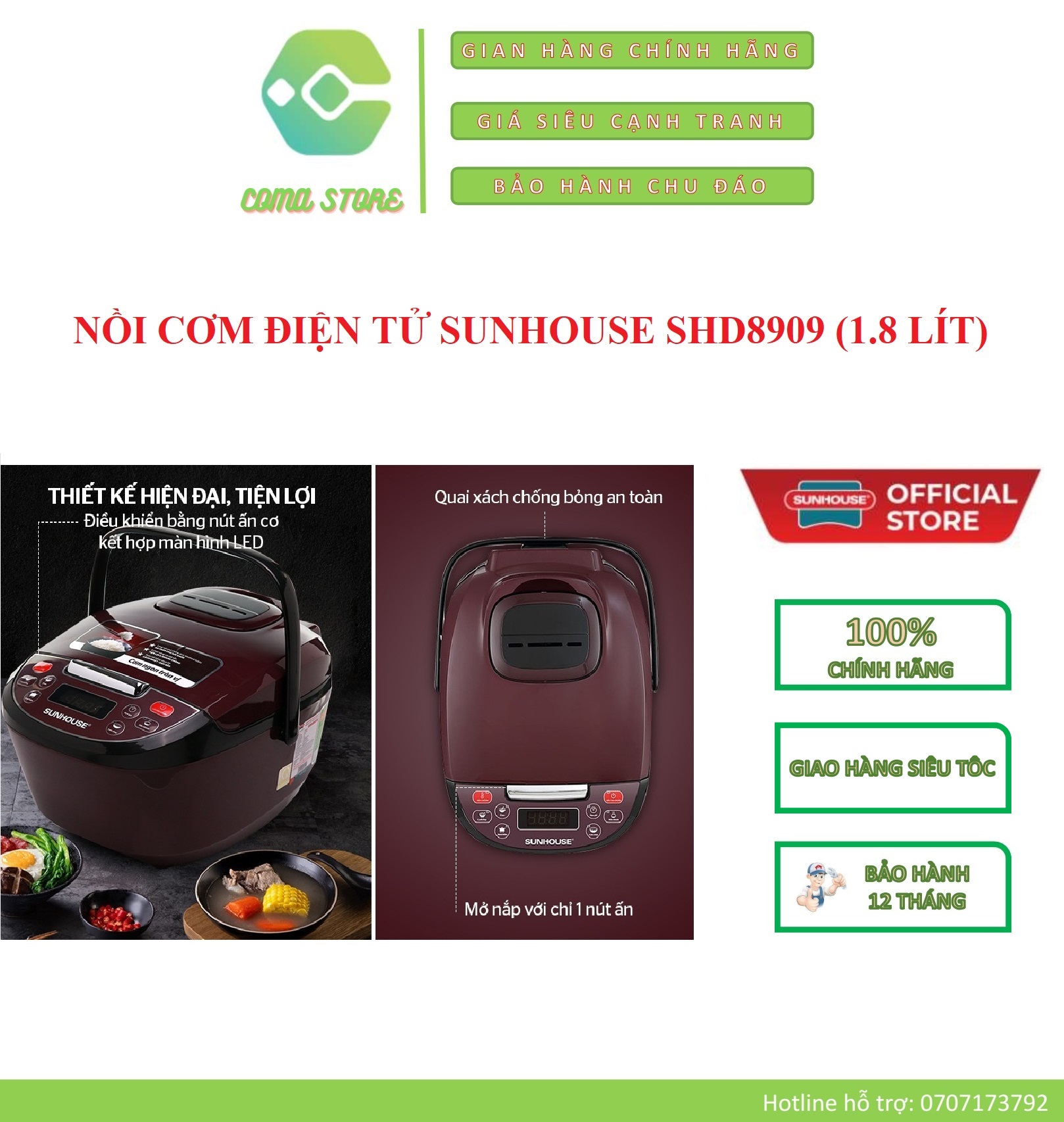Shd8909 - nồi cơm điện tử sunhouse 1.8 lít - bảo hành chính hãng 12 tháng