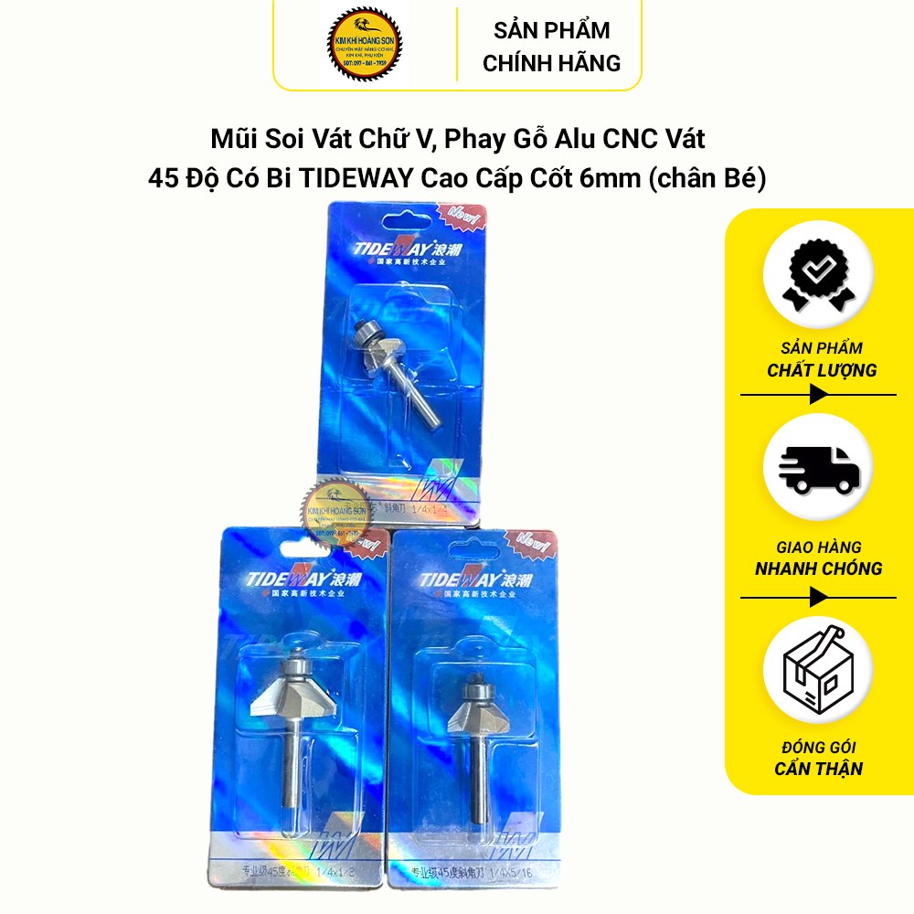 Mũi phay gỗ, mũi soi vát chữ v phay gỗ alu cnc vát 45 độ có bi tideway cao cấp cốt bé 6.3mm sử dụng cho máy phay, máy cnc