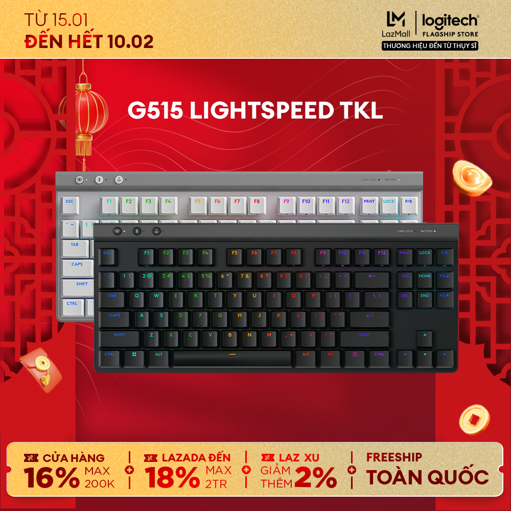 Bàn phím Gaming không dây Low profile Logitech G515 LIGHTSPEED TKL - GHTSYNC RGB Thiết kế Tenkeyless mỏng Keycaps PBT