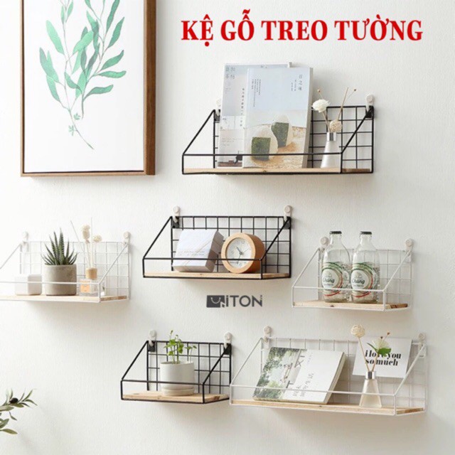 Kệ Treo Tường Trang Trí  Giá Kệ Sắt Đáy Gỗ Có Rào Chắn Trang Trí Phòng Khách Nhà Bếp Ke Treo Tuong ( Tặng Đinh 3 Chân Hay Miếng Dán )