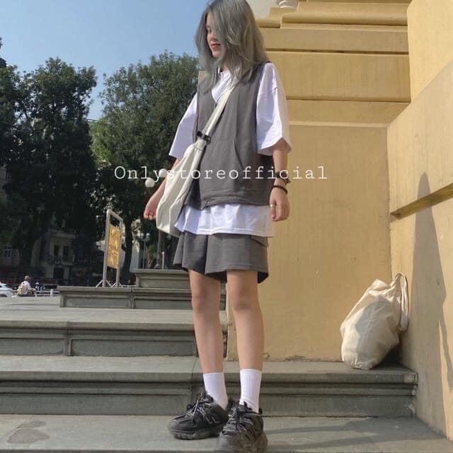 ❤️ mẫu chuất giá rẻ ❤️ set 3 món áo thun fom rộng + quần đùi xám đen + áo gile xám