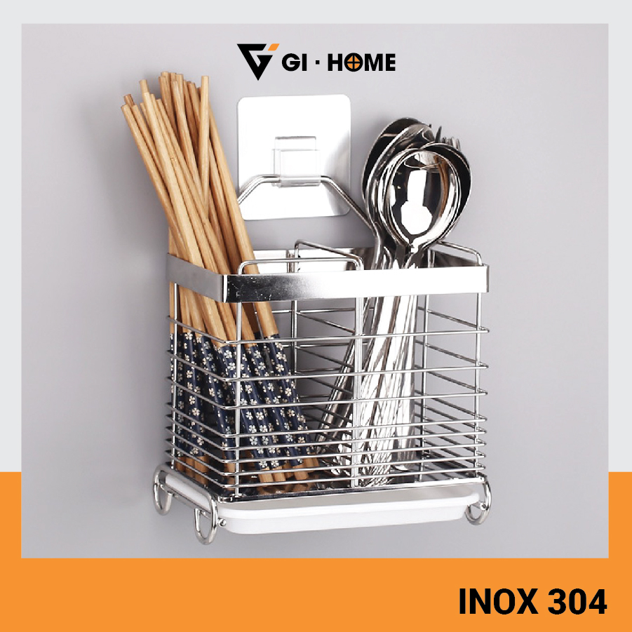 Ống đũa đôi dán tường gihome inox 304 kèm khay nhựa hứng nước