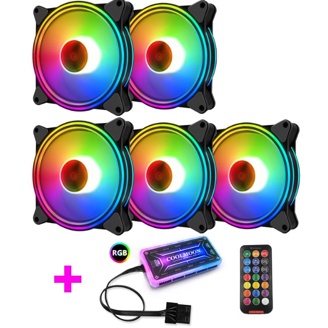 Bộ kit quạt tản nhiệt, fan case Coolmoon M2 LED RGB 12cm + hub và remote