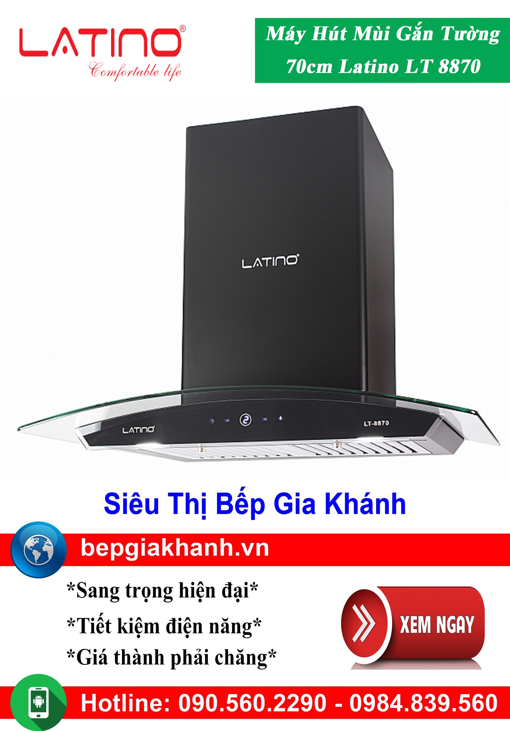 [HCM]Máy hút mùi kính cong 70cm Latino LT 8870, máy hút mùi nhà bếp, máy hút mùi bếp, máy hút mùi kính cong, máy hút mùi canzy, máy hút mùi mini, máy hút mùi âm trần, máy hút mùi electrolux, may hut mui