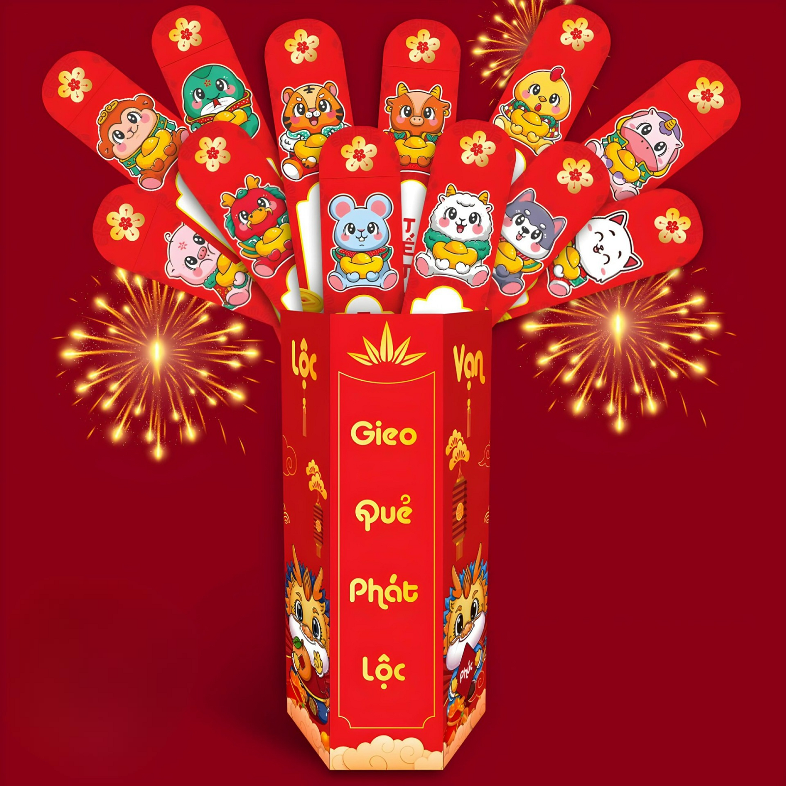 Bao lì xì gieo bốc quẻ 2024 Xuân Giáp Thìn bộ quẻ 12 con giáp kèm hộp dễ thương