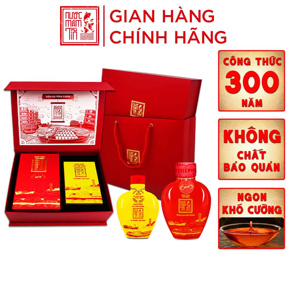Hộp quà nước mắm đậm đà tình thân nước mắm tôm biển bình gốm đỏ 60N và cá cơm vàng ruột đỏ bình gốm vàng 60N