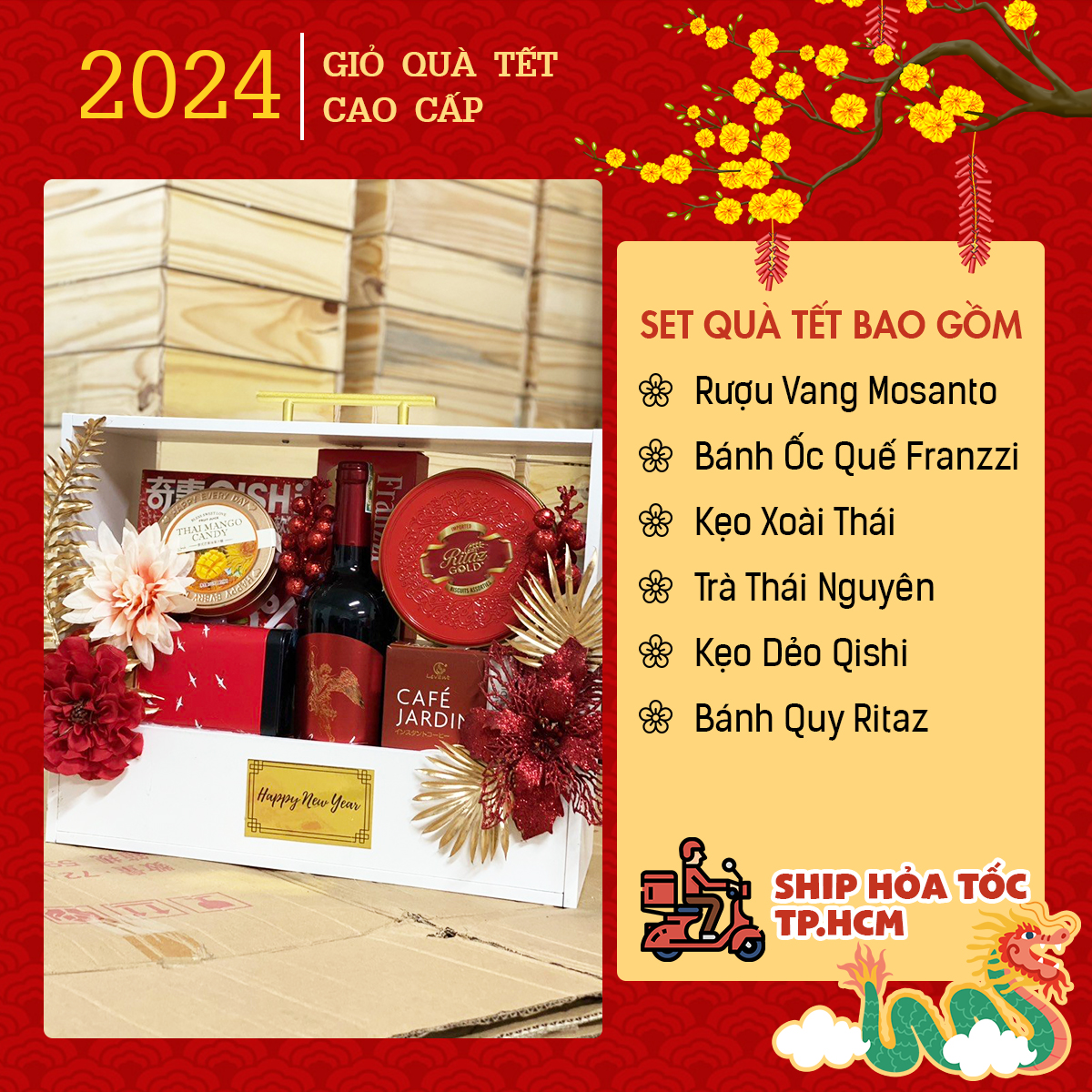 Giỏ quà lãng gỗ tết giỏ vali cao cấp, set quà biếu sếp cao cấp, sang trọng