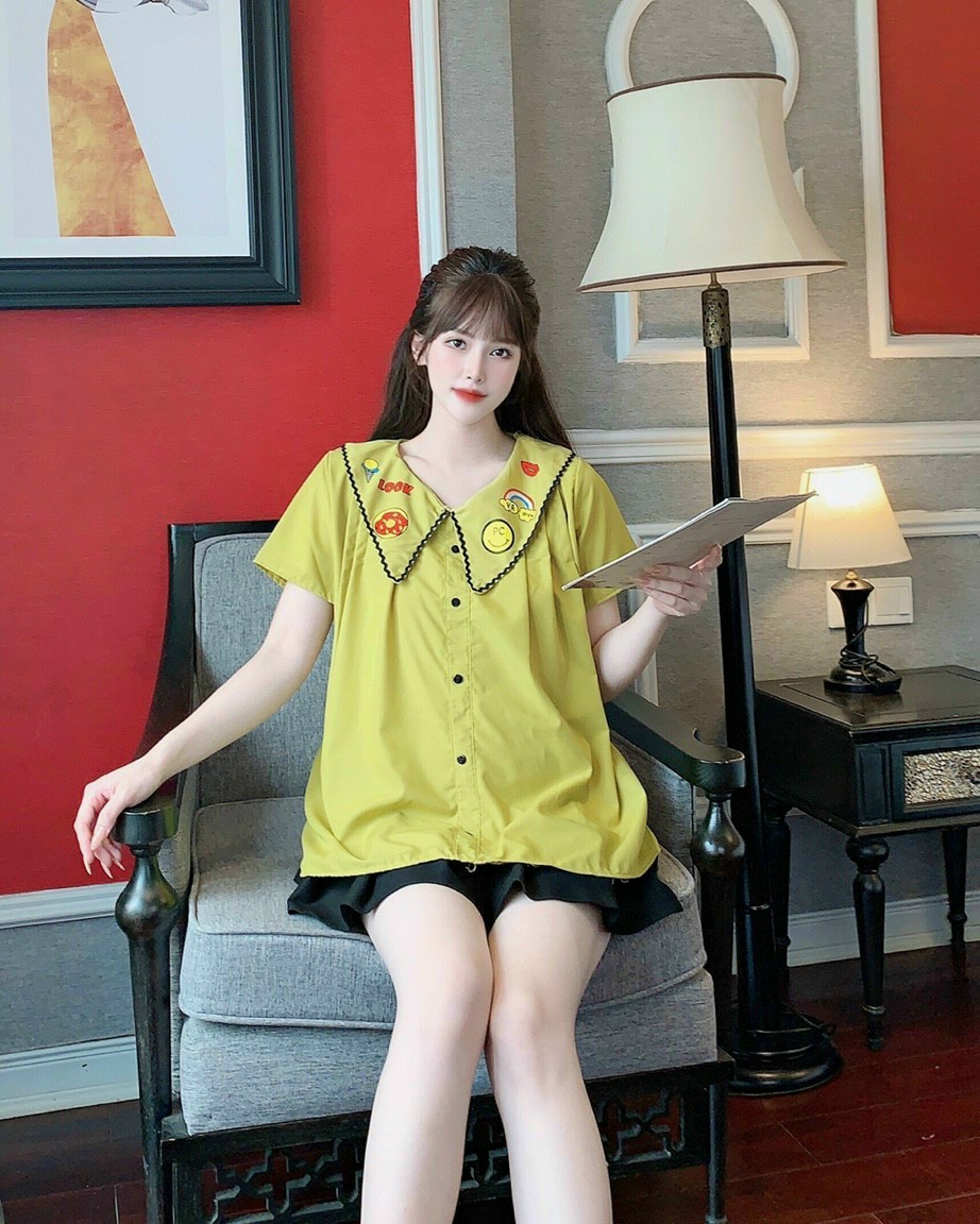 Áo bầu mùa hè - Áo sơ mi bầu cổ ren hoa 3D -shop bầu xinh