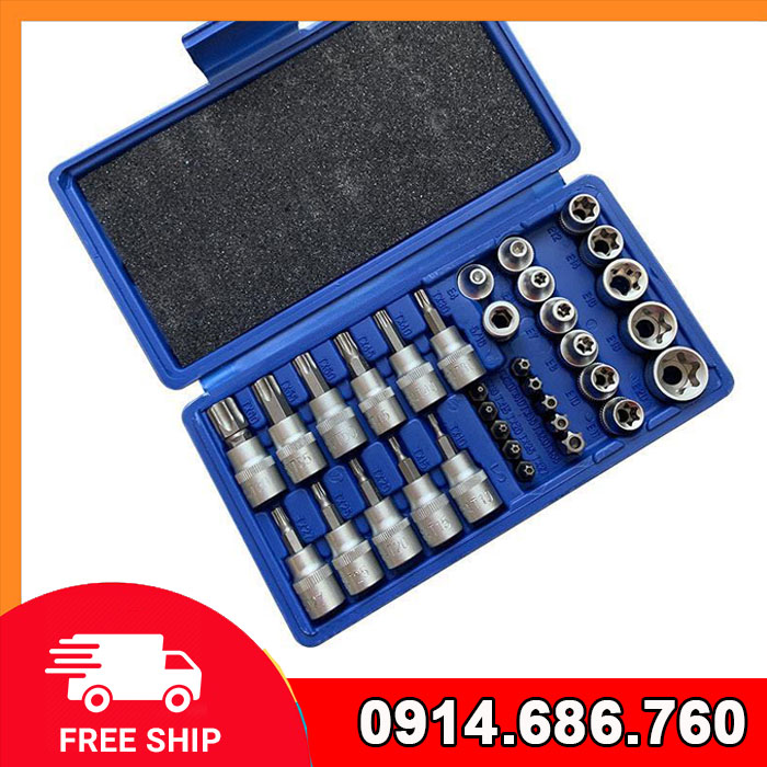 Bộ khẩu E 34 chi tiết TẶNG KÈM đầu chuyển 1/2-3/8 chuyên vặn các loại bulong, ốc vít đặc biệt