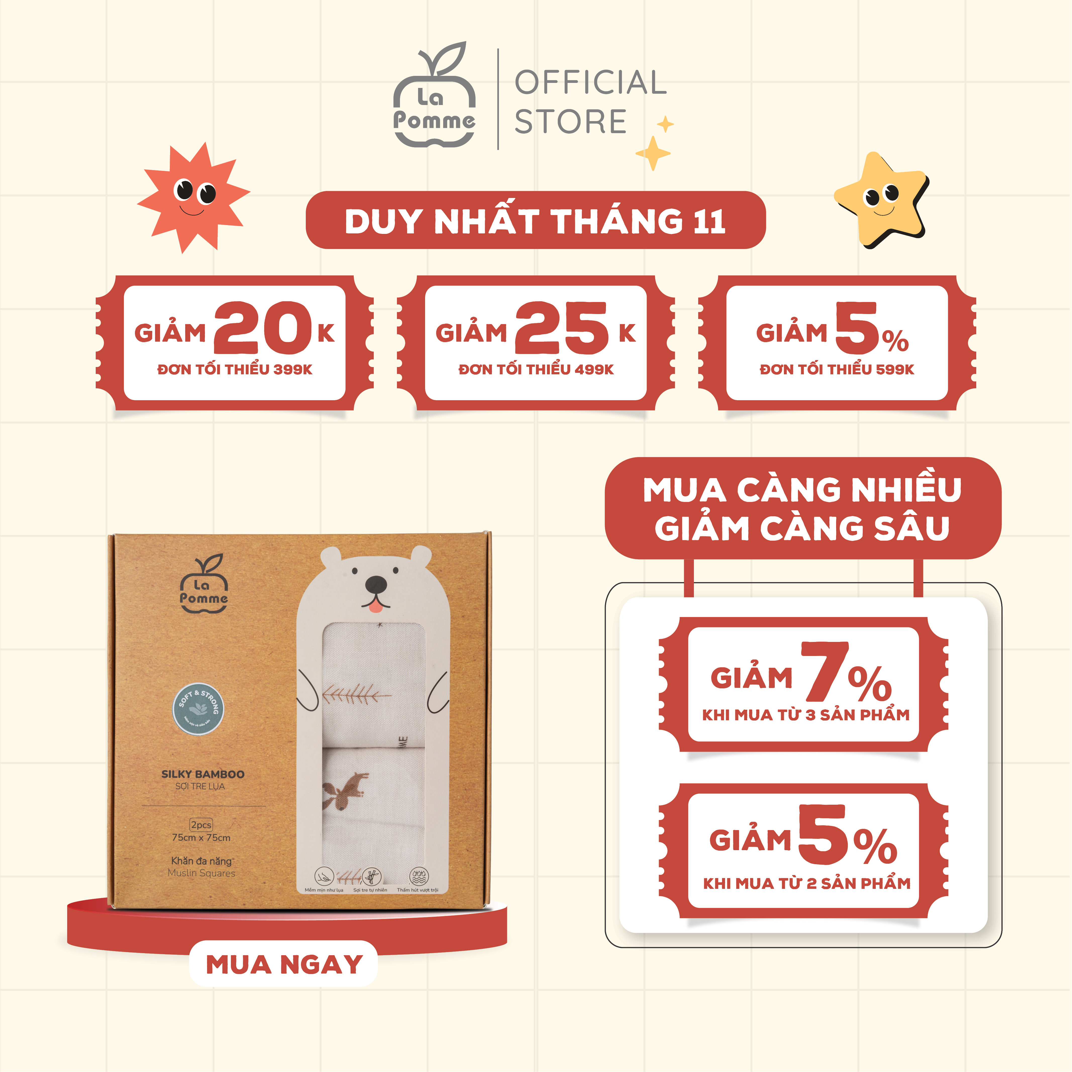  K002 Set 2 khăn sữa sợi tre lụa La Pomme - 75x75cm Hươu 