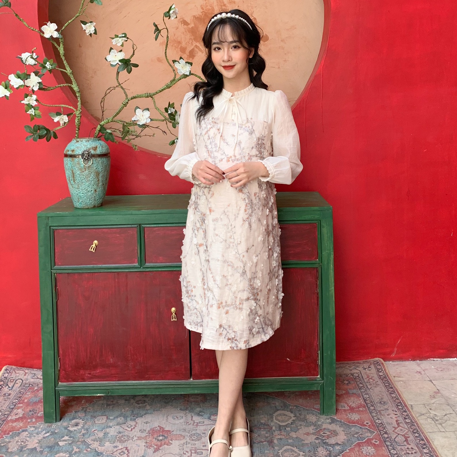 Váy bầu xinh tơ hoa nổi cho mẹ bầu diện tết - Đầm bầu công sở thiết kế Medyla - VS479