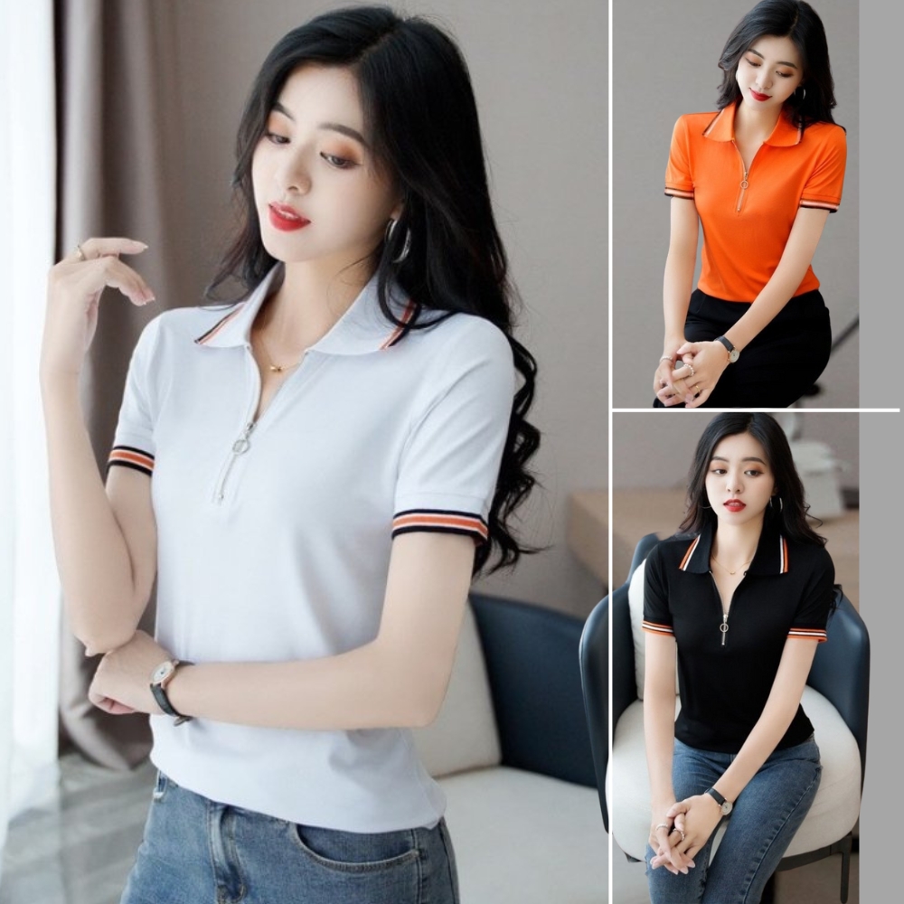 Áo thun nữ polo có cổ phối khóa viền màu Mã RF887 Thời trang EMEY LUXURY Chất vải mềm mại Thiết kế nữ tính, thanh lịch thích hợp dạo phố, đi chơi, đi làm