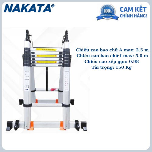 Thang Nhôm Rút Gọn Đôi Chữ A(TY-638), (Cao Chữ A: 2.5m, Cao Chữ i: 5m)Chính Hãng NAKATA, Bảo Hành 2