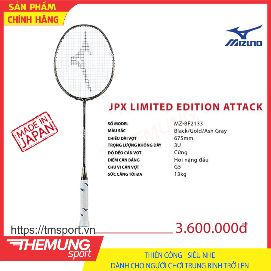 Vợt cầu lông mizuno jpx limited edition attack mã mz-bf2133 đen vàng xám || thiên công - thân cứng
