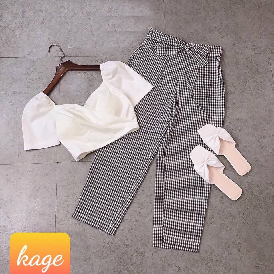 SÉT BỘ QUẦN CARO ÁO CỔ CHỮ V RỘNG KIỂU CROPTOP, CHẤT VON PHỐI KATE , FORM CHUẨN NHƯ HÌNH, TTSGR