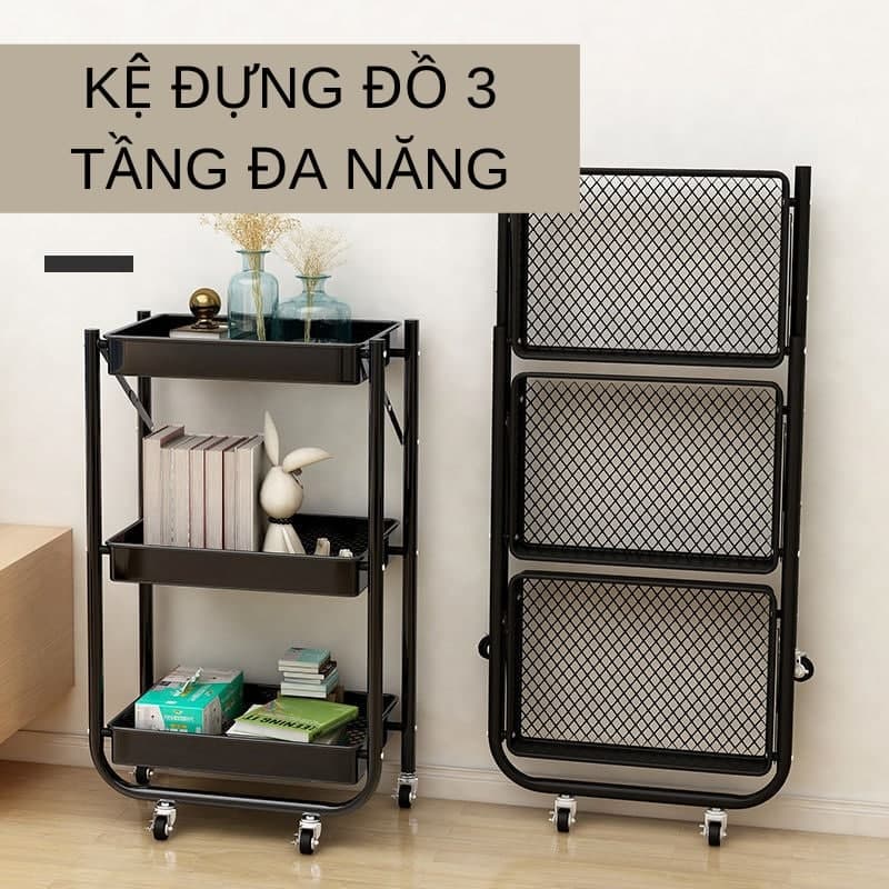 Kệ để đồ đa năng 3 tầng gấp gọn di dộng, giá kệ spa nhập khẩu có bánh xe