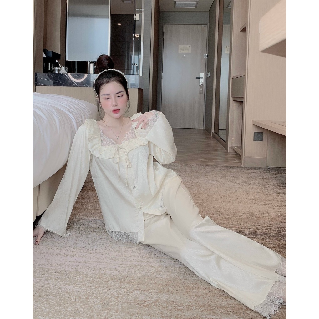 Đồ ngủ, pijama tiểu thư tay dài phối ren lụa xước xinh xắn - đồ bộ nữ freesize