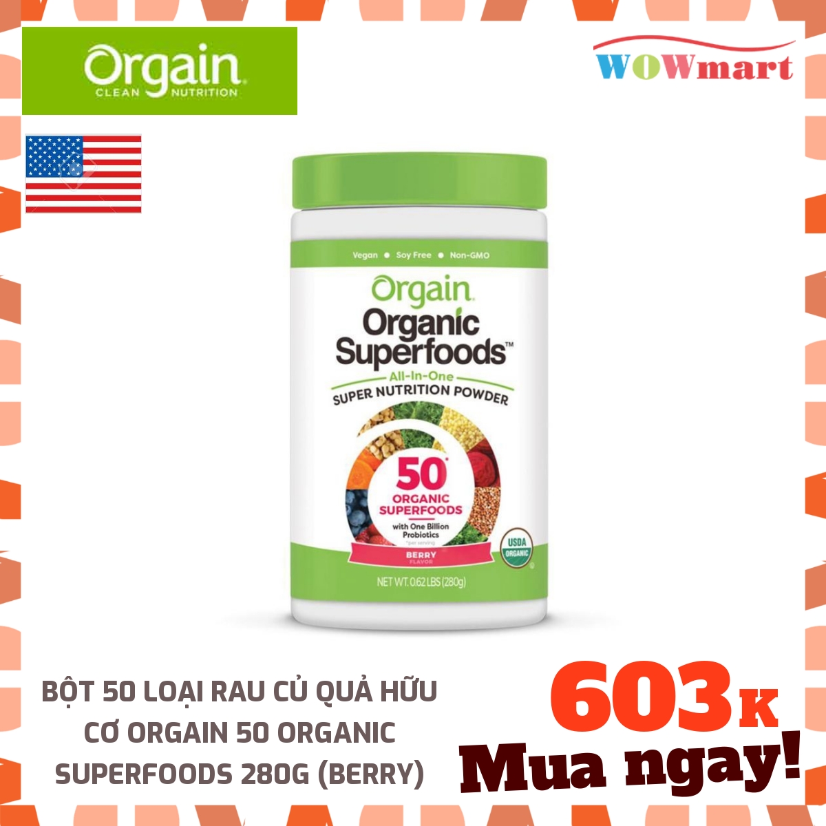 Bột 50 loại rau củ quả hữu cơ Orgain 50 Organic Superfoods 280g -