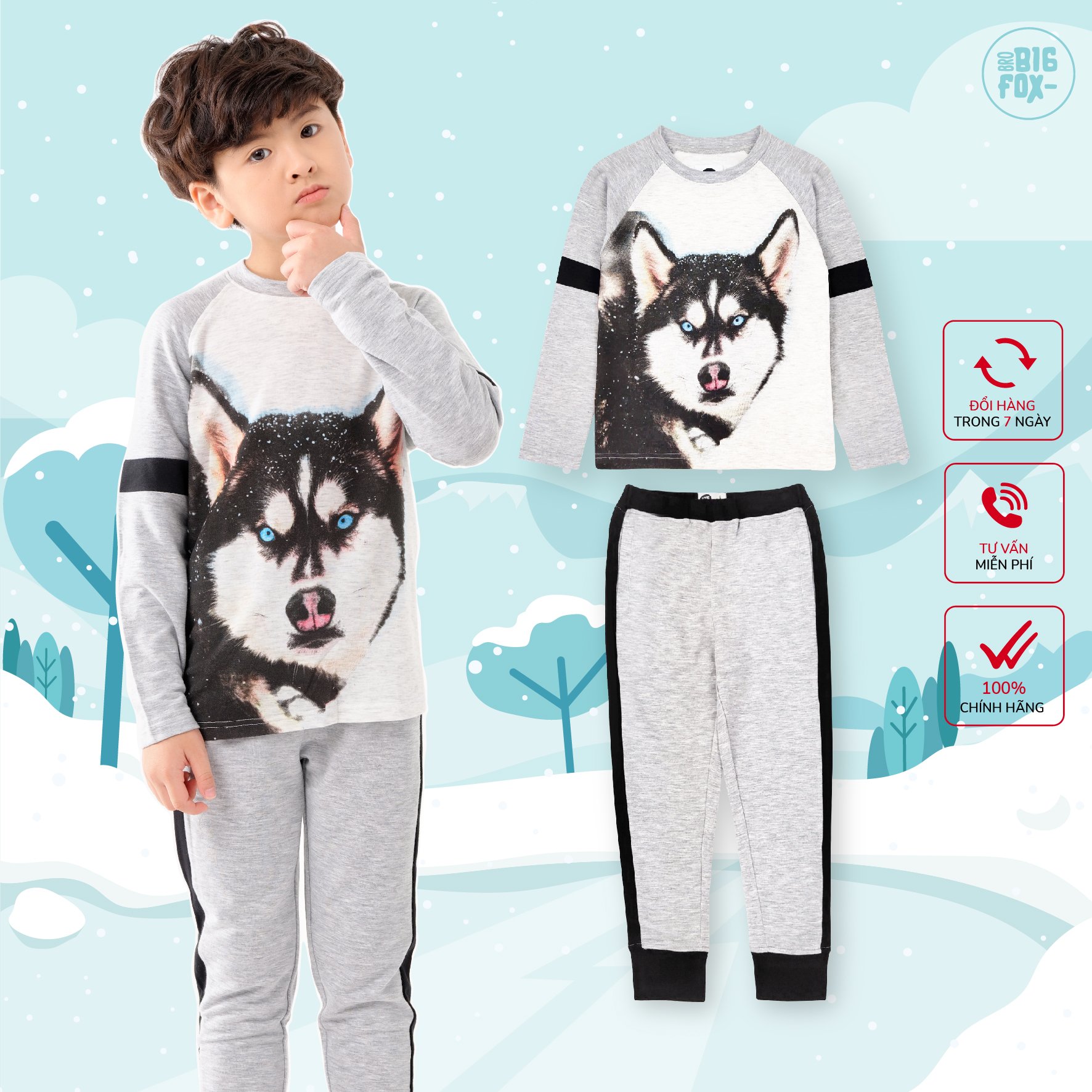 Bộ bé trai BIGFOX - MISS MEOW size đại bộ dài tay thu đông cho bé phong cách Âu Mỹ hình in Chó sói 10 - 37 kg QATE