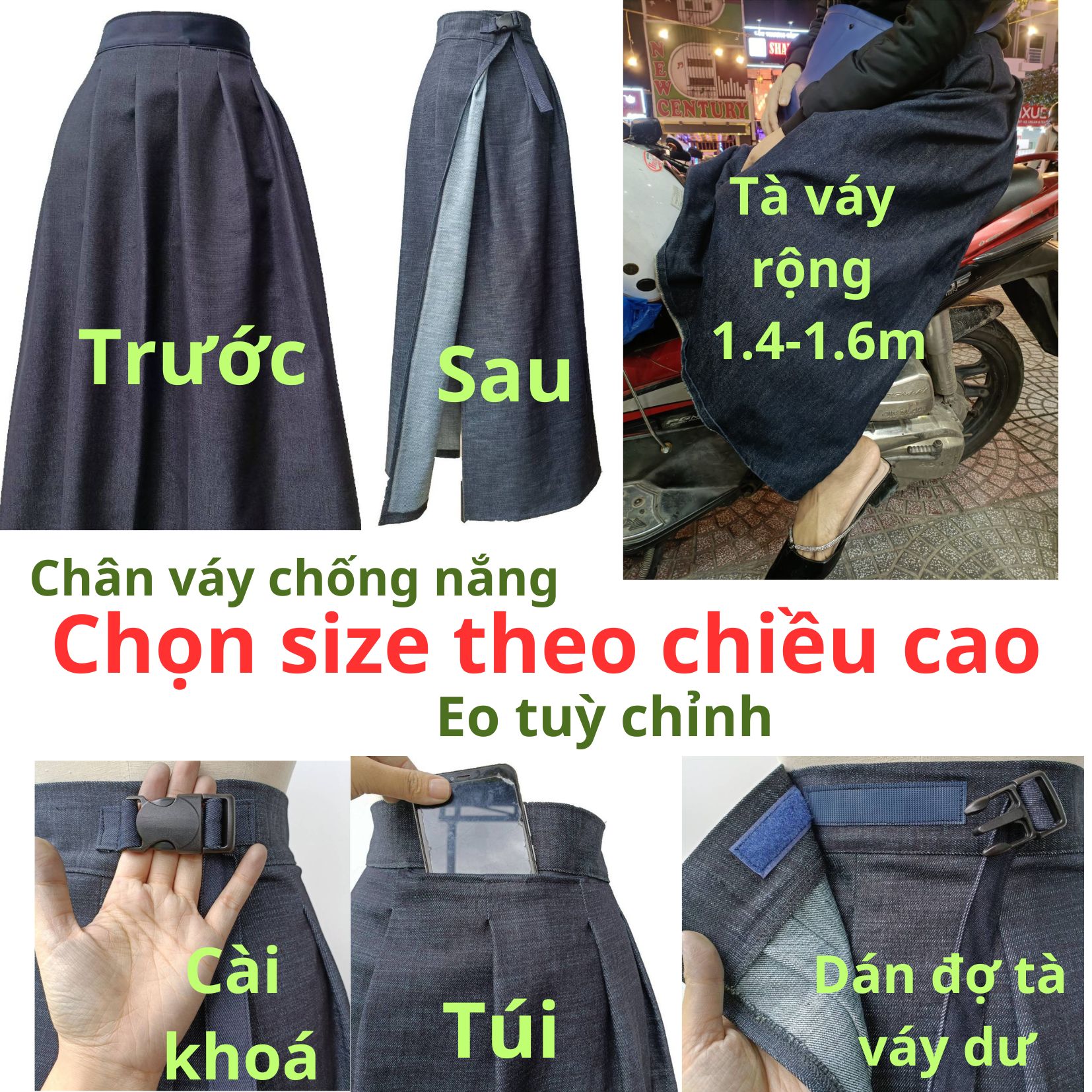 Chân váy chống nắng chất liệu vải jean dày dặn chóng nắng tuyệt đối