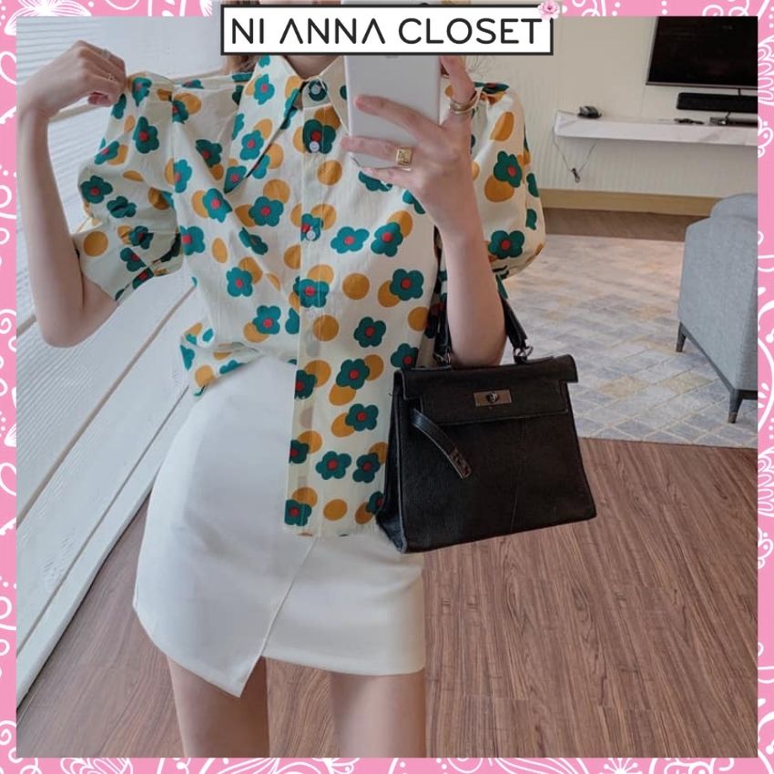 Set áo và chân váy công sở áo sơ mi hoa tay phồng chân váy chữ a màu kem ni anna closet ni001, tặng mặt nạ dưỡng da 39k