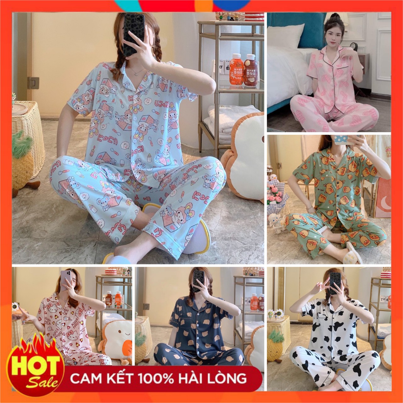 Đồ bộ nữ,bộ pijama kate lụa tay cộc quần dài chất mát cho mùa hè