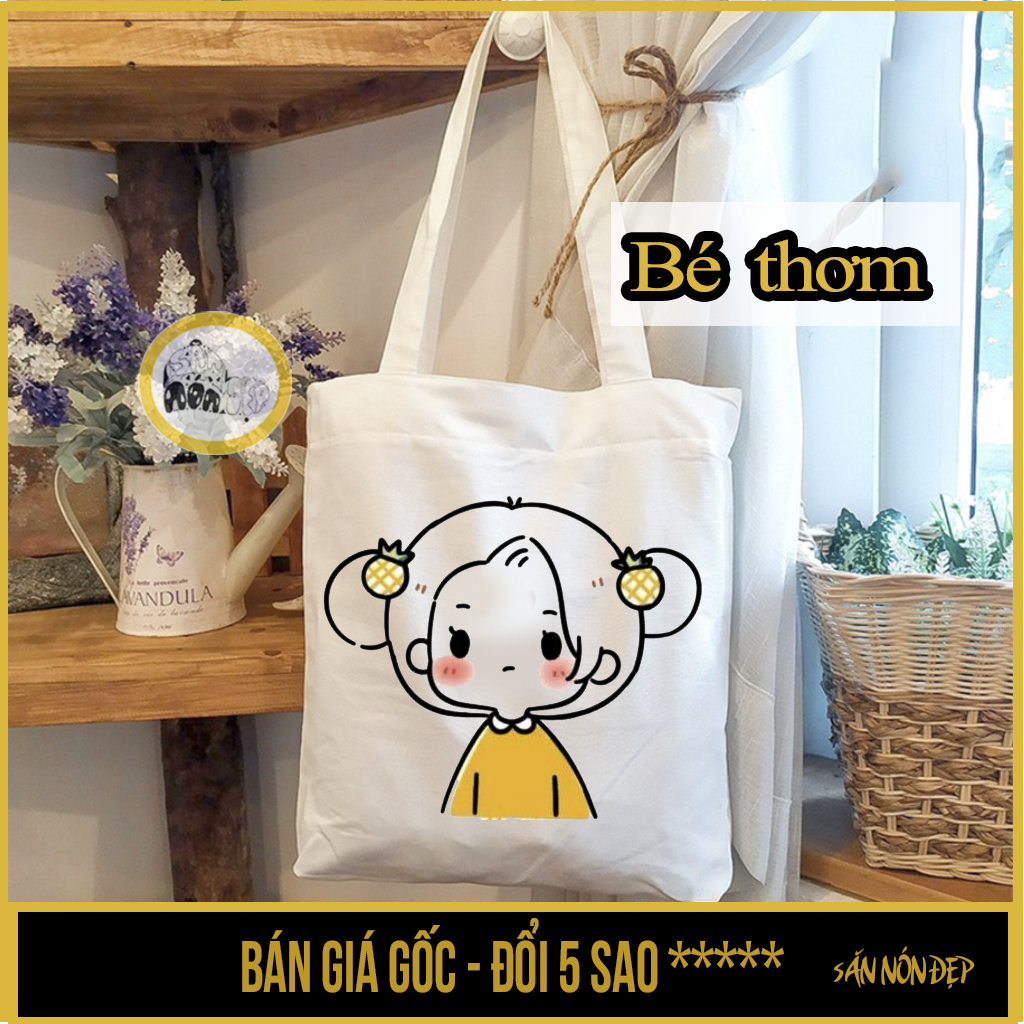 Túi tote canvas, có khóa kéo in hình cô bé, câu bé CUTE- săn nón đẹp