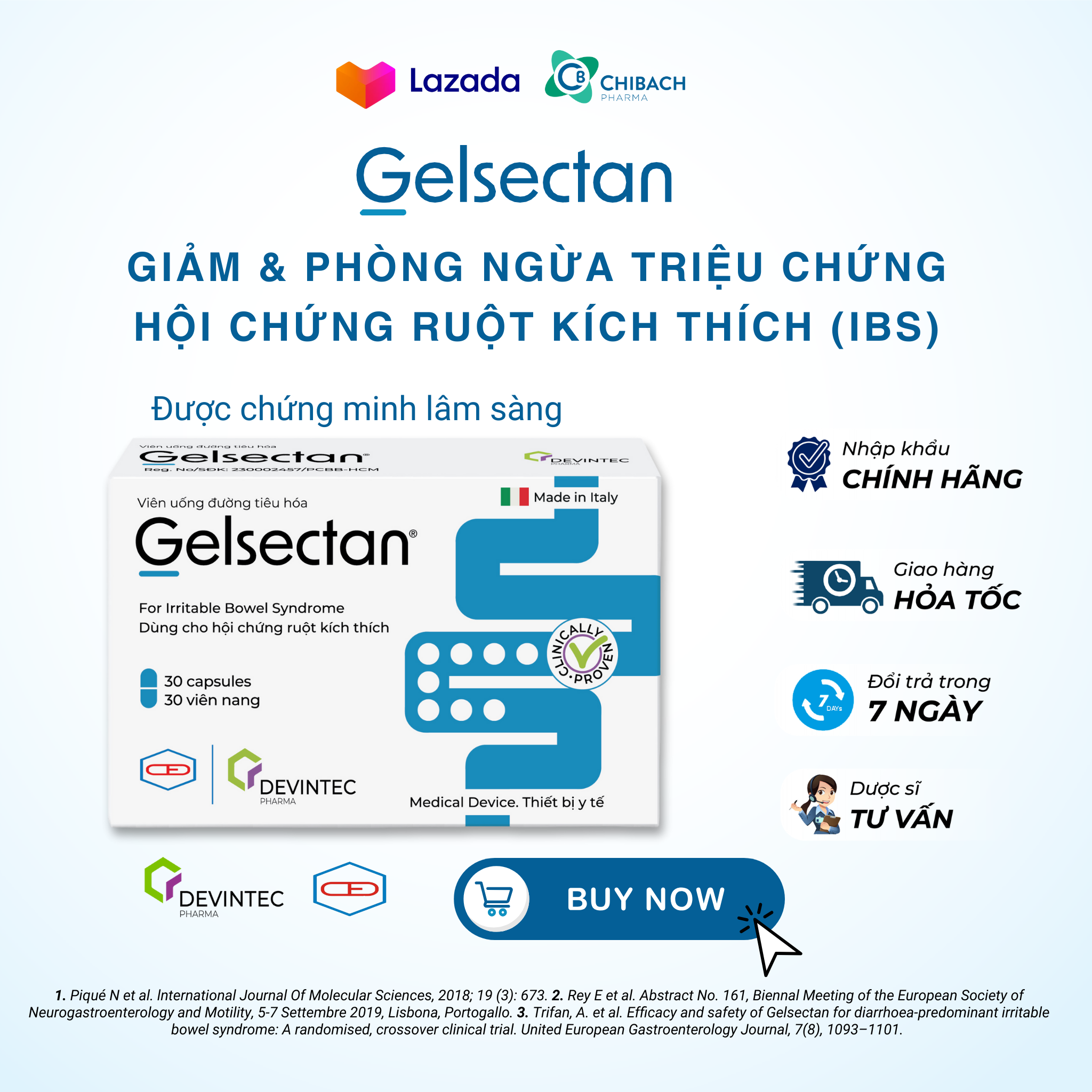 Viên Uống Gelsectan Hộp 30 Viên, Giúp Giảm Và Phòng Ngừa Triệu Chứng Hội Chứng Ruột Kích Thích (IBS), Italia