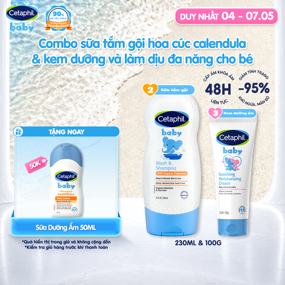 Combo 2 bước Sữa tắm gội với Calendula hoa cúc hữu cơ 230ml + Kem dưỡng ẩm làm dịu đa năng Cetaphil Baby 100Gr
