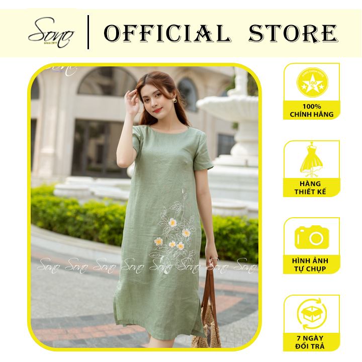 Sono - đầm linen xanh có tay thêu hoa