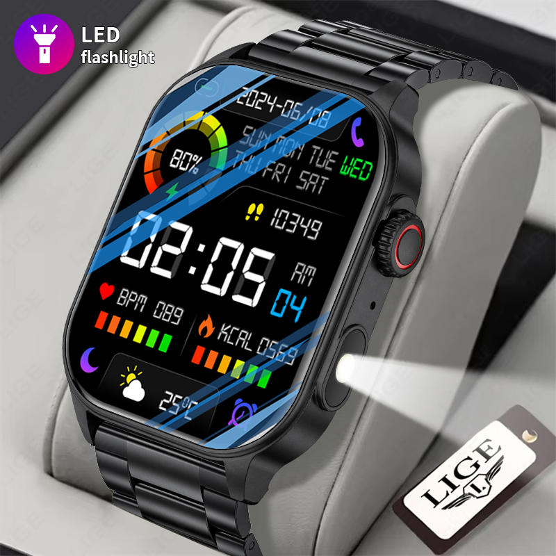 LIGE Smart Men Watch Outdoor Flashlight Military Watch Heart Rate Waterproof Sport Fitness Watches Bluetooth Call Smart Watch Men For Android IOS
