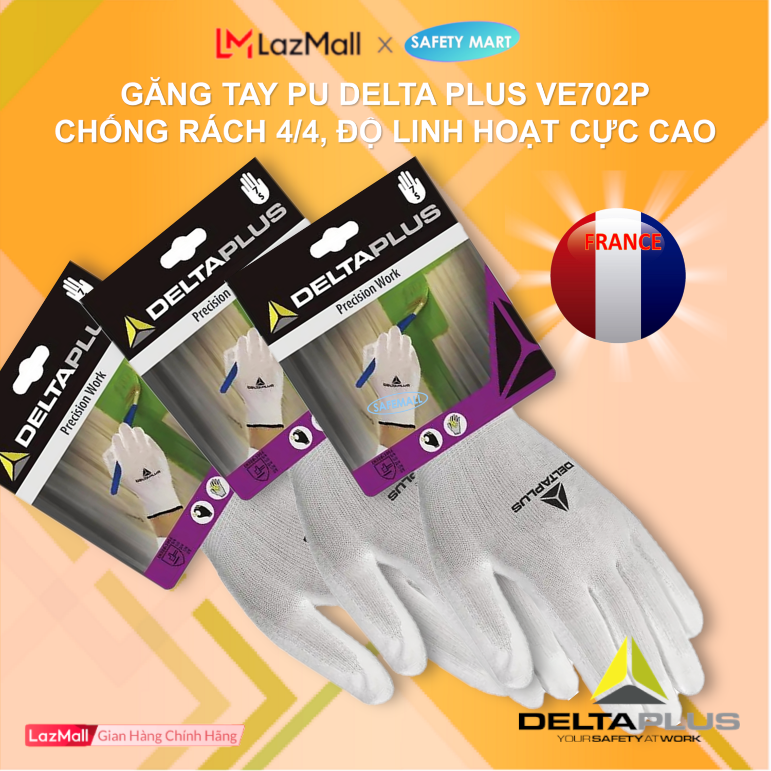 Bộ 10 đôi Găng tay bảo hộ lao động Delta Plus VE702P bao tay siêu bám chống hao mòn 4/4 chống cắt chống rách chống đâm xuyên bao tay bảo hộ lao động chất lượng cao - Hàng Chính Hãng Safety Mart Official