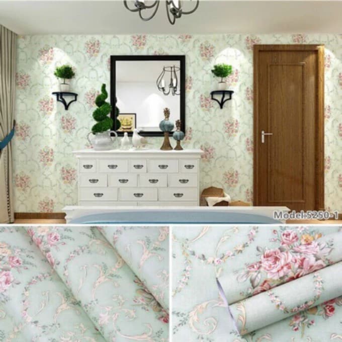 Giấy dán tường hoa văn cổ điển xanh ( cuộn dài 10m khổ rộng 45cm, có sẵn keo)