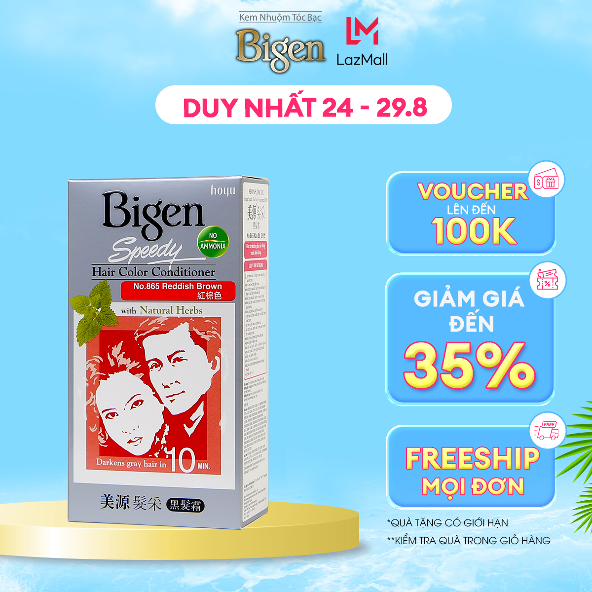 Thuốc nhuộm phủ bạc Bigen Conditioner thảo dược thiên nhiên, dễ nhuộm tại nhà 80ml dạng kem-Nâu Đỏ 865