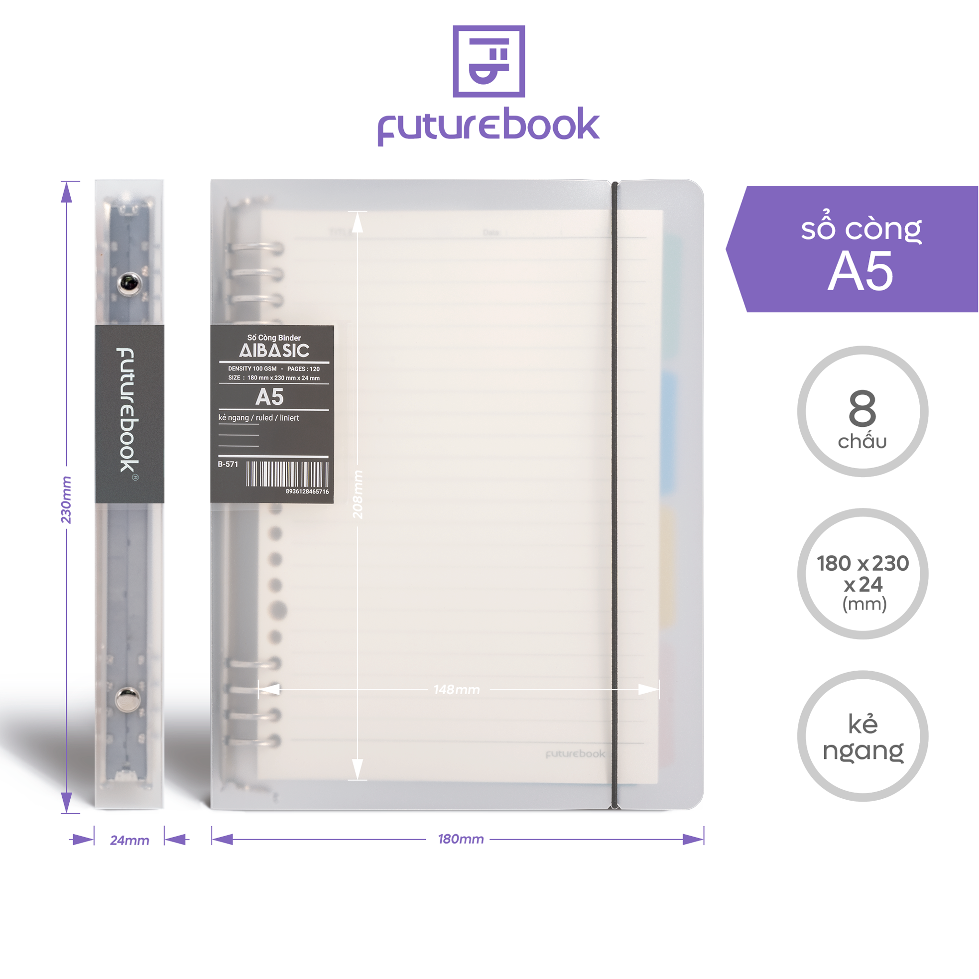 Sổ Còng Binder Aibasic A5 8 chấu, kèm ruột giấy refill, làm sổ tay planner, văn phòng phẩm phong cách Hàn Quốc FUTUREBOOK.