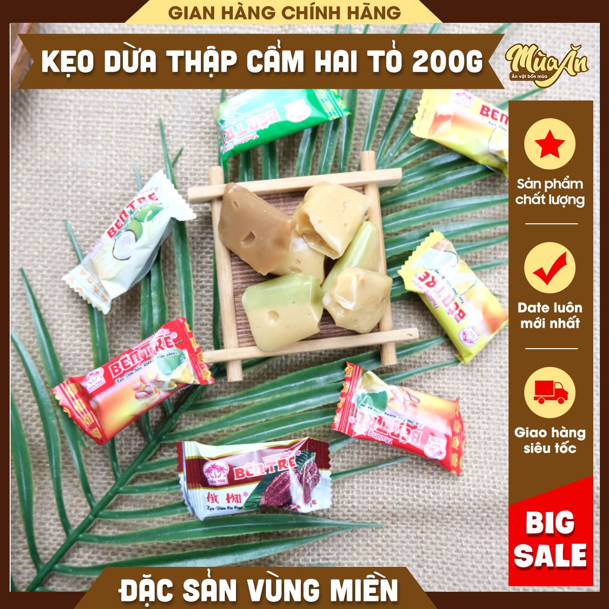 Combo 1kg kẹo dừa thập cẩm Bến Tre thương hiệu Bà 2 Tỏ,Kẹo dừa thập cẩm nhiều vị 5 gói 200g,Combo tiện lợi ngày Tết 2024