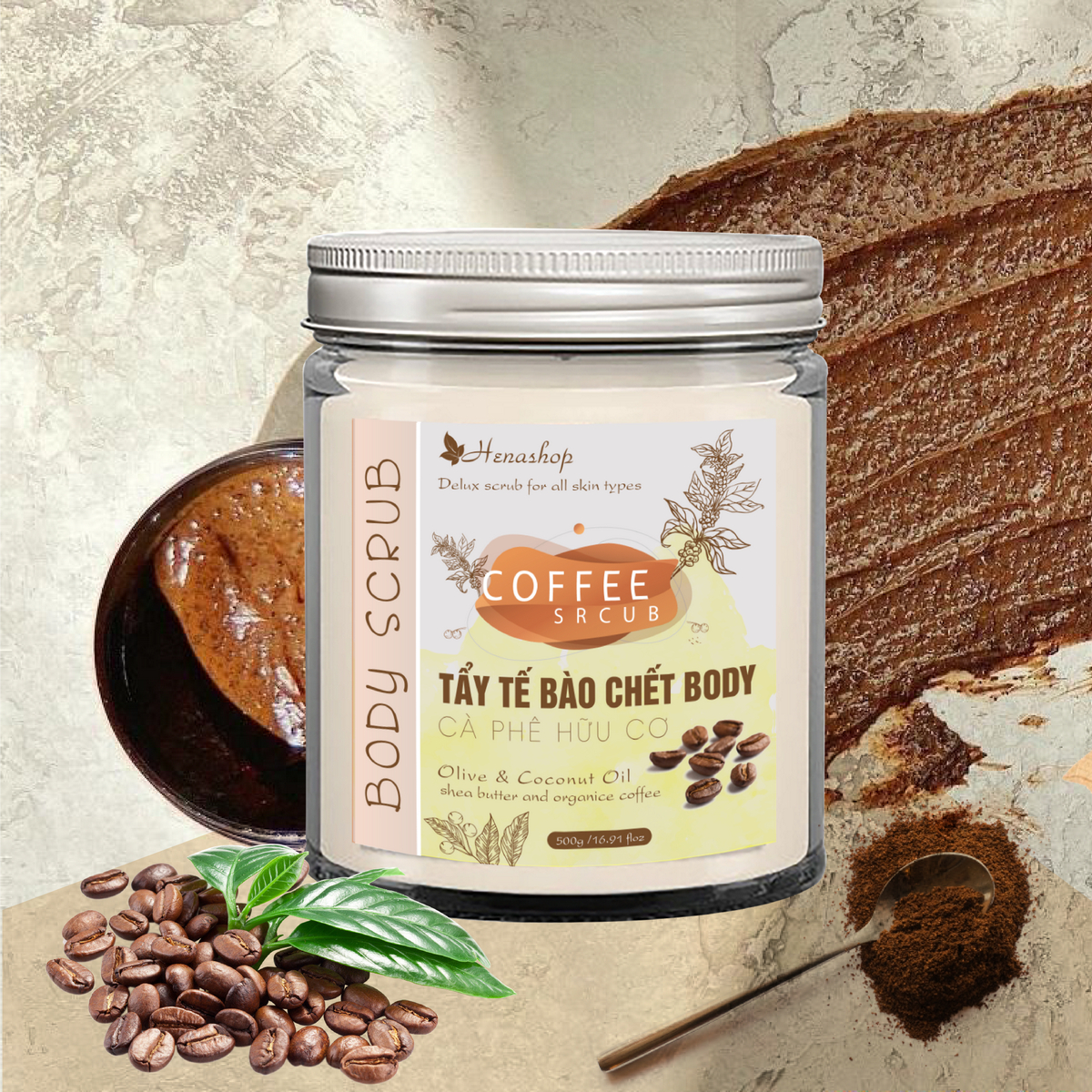 Tẩy tế bào chết cà phê sữa dừa henashop 500gr