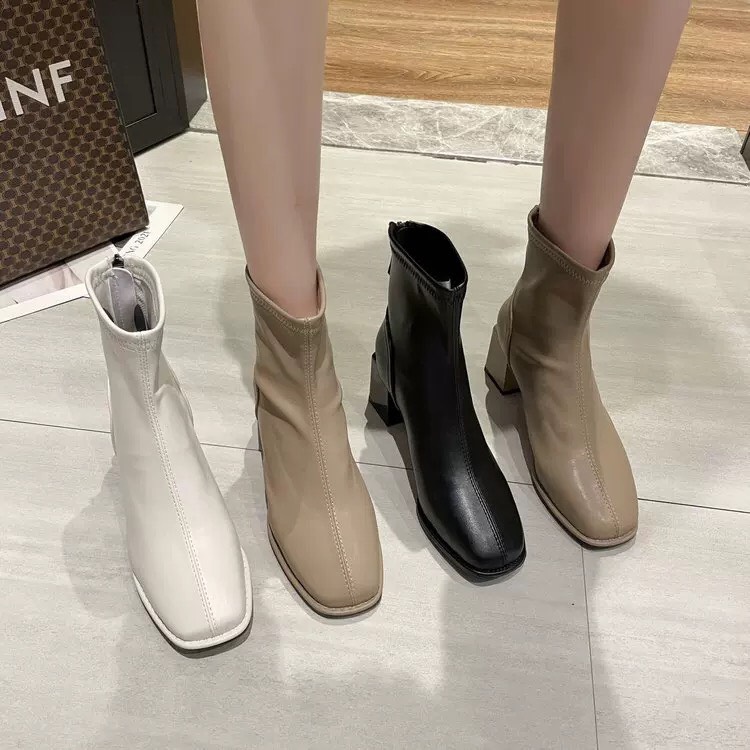 Giày Boots nữ thời trang kéo khóa sau đế vuông loe 6cm chất da mềm cao cấp cực hót
