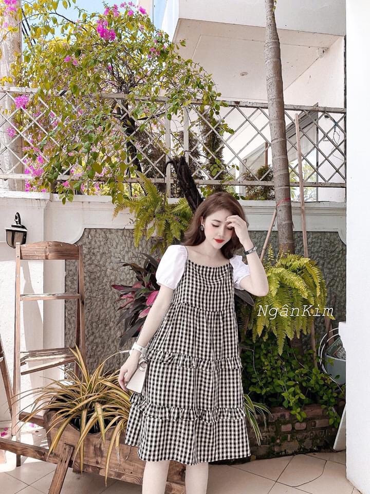 Đầm caro kate por phối tay voan nữ tính TTSA0465