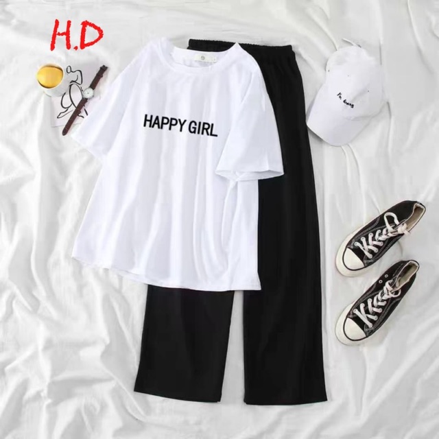Sét áo happy girl + quần ống rộng dài HD12 , Áo thun nam nữ, quần kaki, quần nữ, sét bộ mặc ở nhà, áo thun tay dài, quần jean ống rộng - THE THY