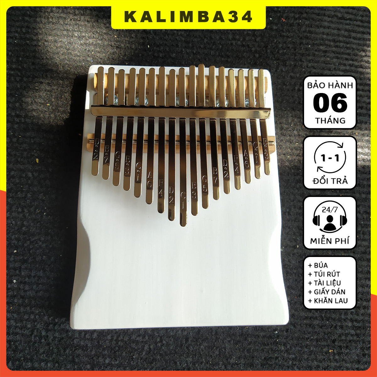 Đàn kalimba 17 phím màu trắng KL34 nguyên khối, Kalimba rẻ phủ sơn an toàn cho bé tặng đủ phụ kiện