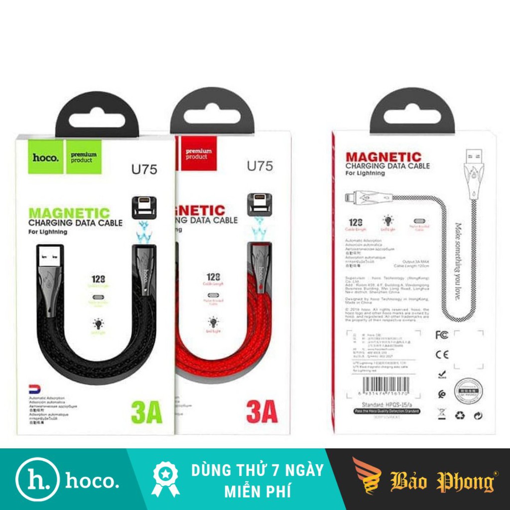 Cáp sạc nhanh iphone/typec hoco u75 nam châm 3a