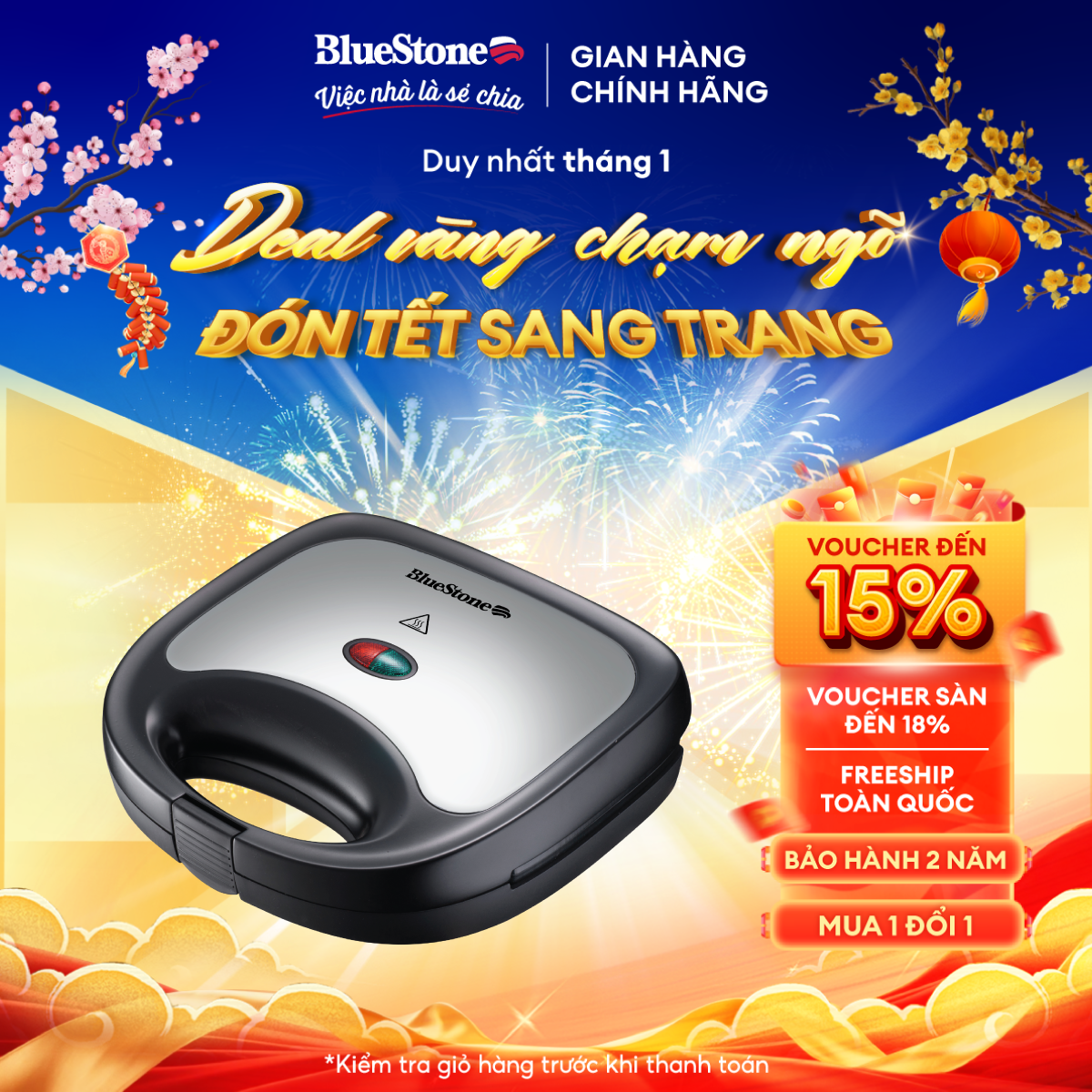 Máy Nướng Bánh Mì BlueStone SBB-2333 - (550-650W) - 2 bề mặt khuôn nướng cùng lúc - Khuôn nướng chống dính -  Đèn hiển thị thông minh - BH 2 năm - Hàng chính hãng