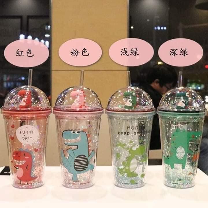 [GIÁ SỈ+HÀNG XỊN+CỐC XINH] LY KIM TUYẾN 3D KÈM ỐNG HÚT-CỐC NHỰA KÈM ỐNG HÚT KIM TUYẾN LẤP LÁNH-LY UỐNG NƯỚC HÌNH KHỦNG LONG MÀU SẮC CUTE