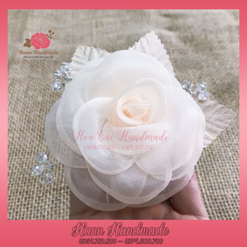 Hoa cài áo handmade bông hoa hồng cài áo voan mỹ cao cấp