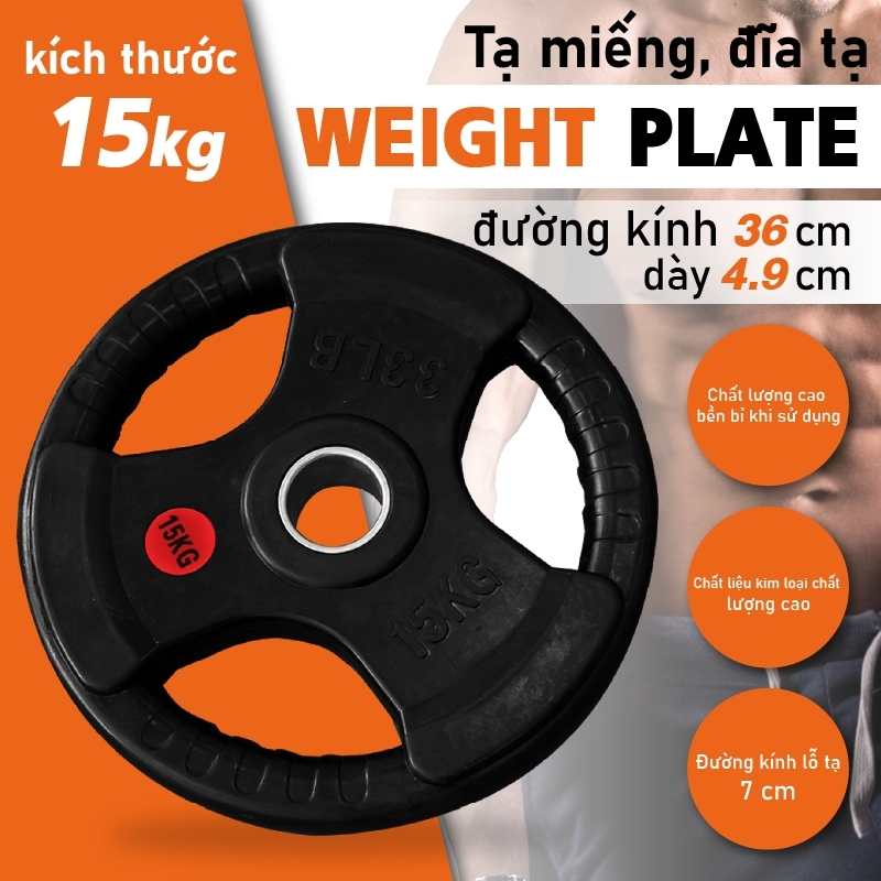HCM GYM19 Tạ miếng tạ bánh 3 lỗ  (phi : 50mm) cao cấp lõi thép đặc bọc cao su non 15kg Mẫu mới nhất 2023