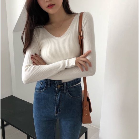 Áo len nữ gân tăm cổ tim tay dài dáng ôm