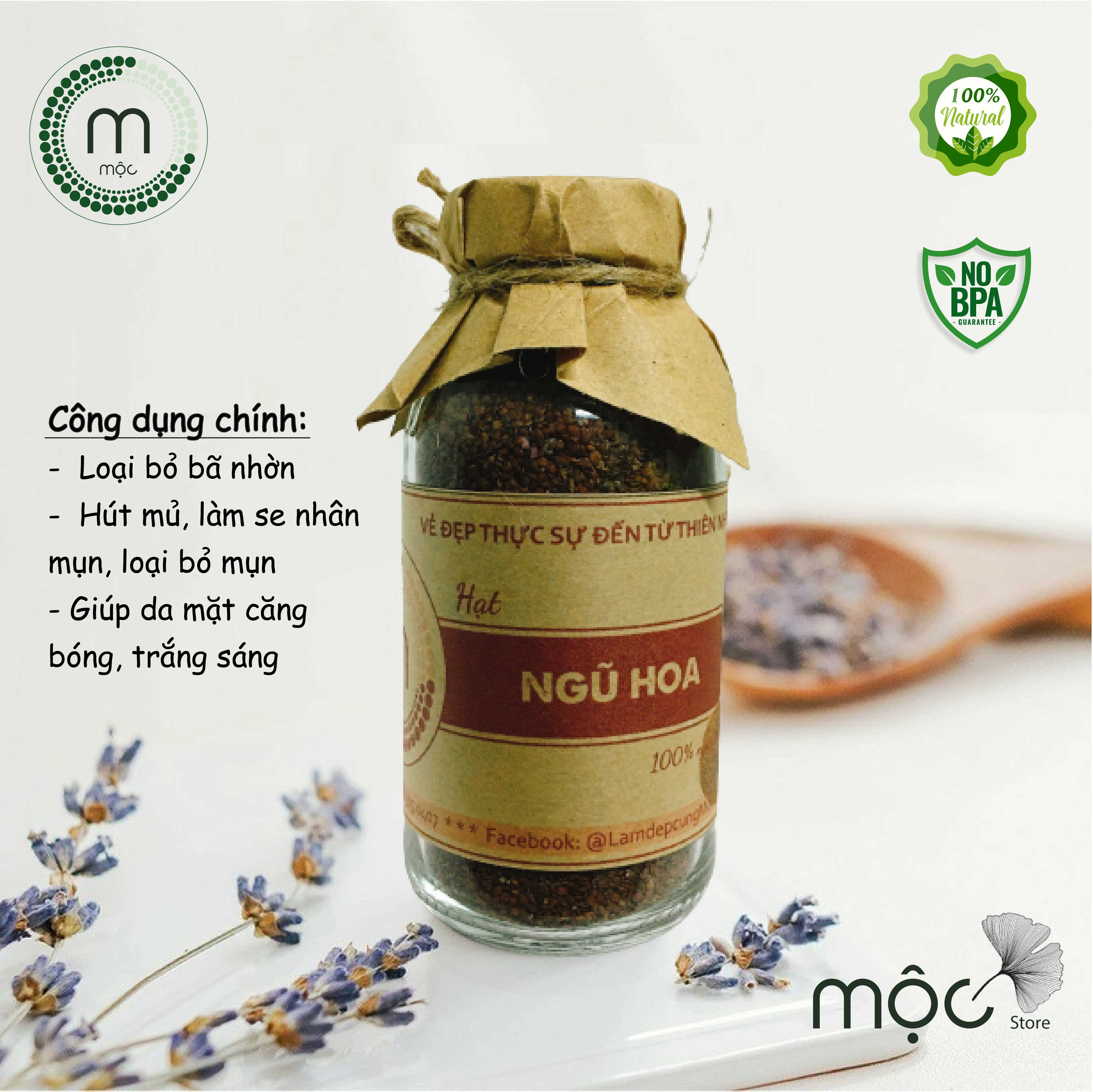 Mặt nạ Ngũ Hoa Hạt nguyên chất MỘC - giúp ngăn ngừa mụn, làm sạch da, thu nhỏ lỗ chân lông túi 10g dùng thử và chai 100/200ml handmade